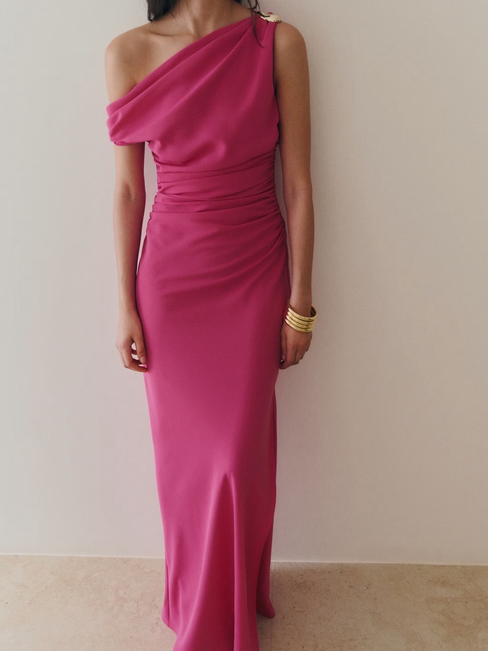 One-Shoulder Fuchsia Evening Gown